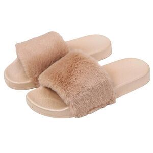 Women Slippers Fur Slides Fluffy Sandals Flip Flops Open Toe Soft ,US 8, Khaki